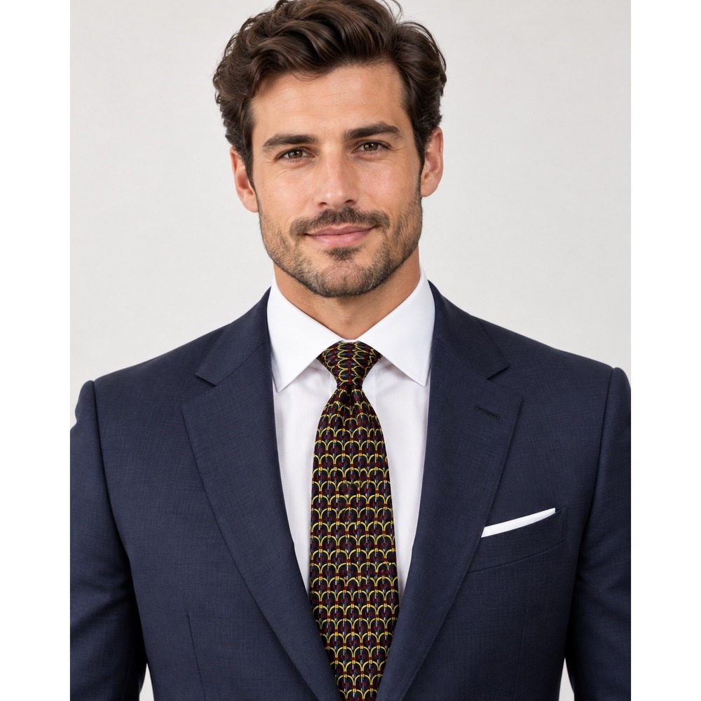 Aniva by Steven Land Mens Silk Necktie Black Yellow Geometric Chain Link Pattern